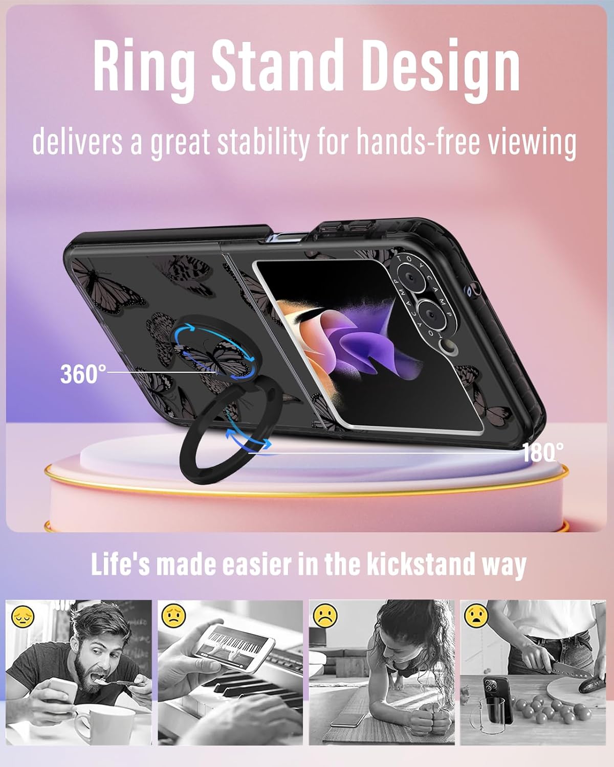 Toycamp Funda para Samsung Galaxy Z Flip 5 con soporte para anillo, diseño de insectos de dibujos animados de mariposa negra, divertida, a prueba de
