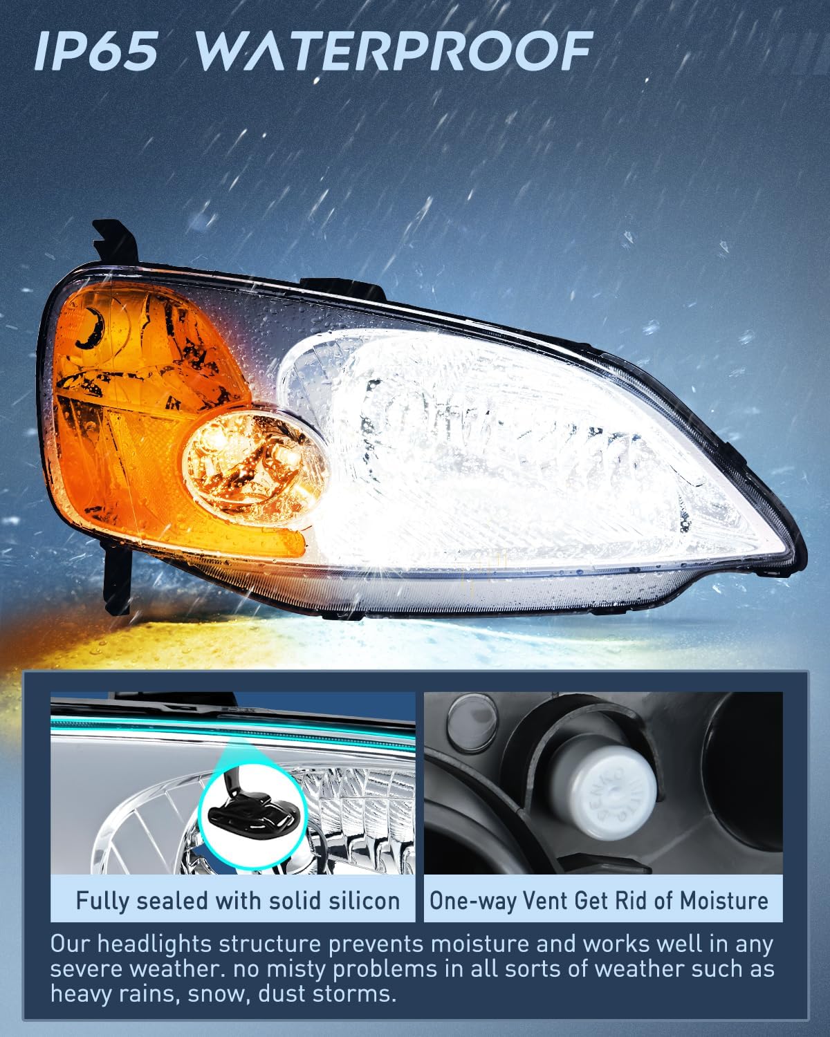 Nilight Conjunto de faros delanteros compatible con Honda Civic 2001 2002 2003, carcasa cromada, reflector ámbar, lente transparente mejorada, lado