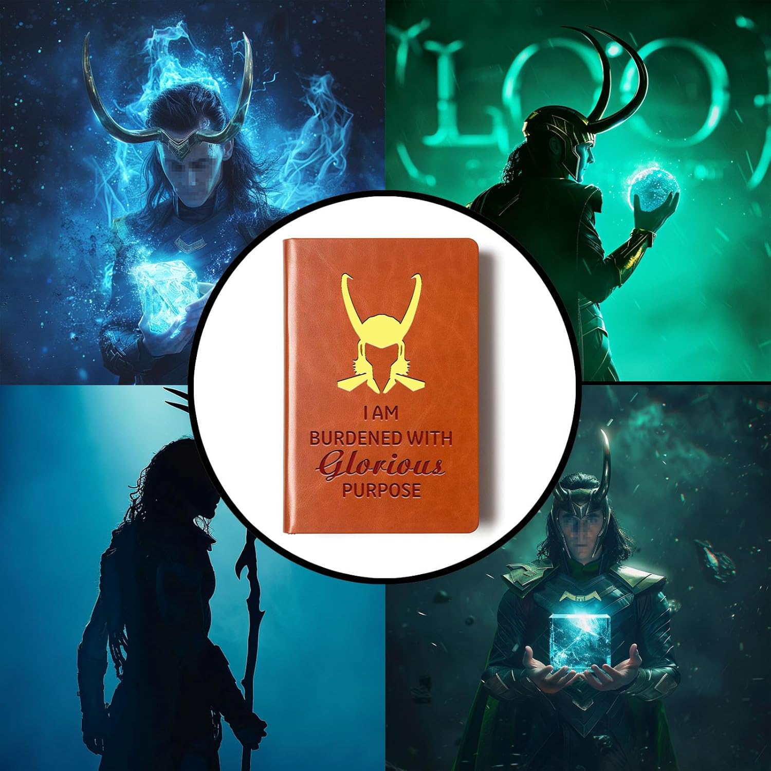 Loki – Cuaderno de cuero con texto en inglés “I Am Burdened With Glorious Purpose Leather Boodened With Glorious Purpose (loki + dorado)