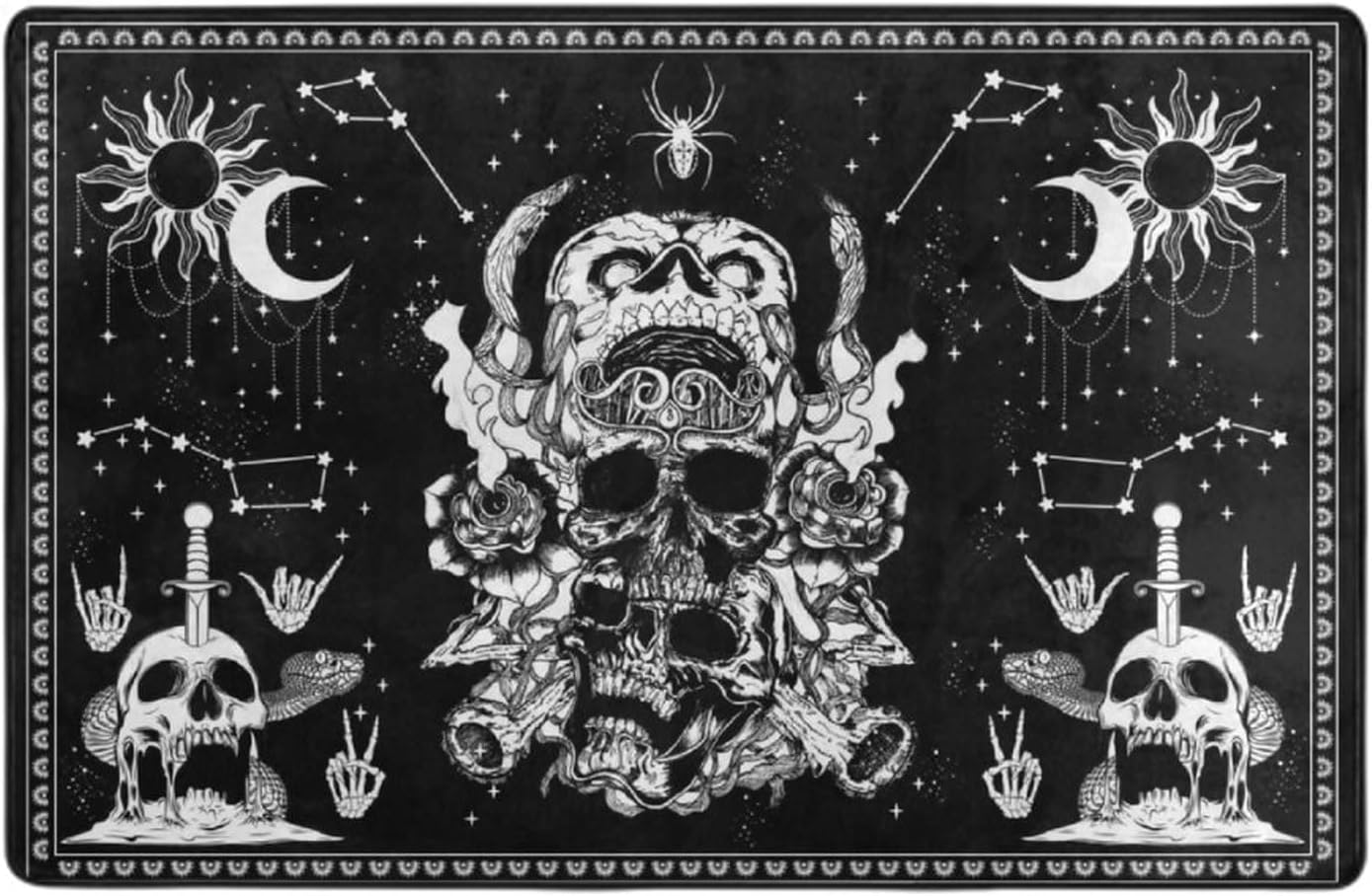 Alfombra decorativa para interiores y exteriores, 60 x 39 pulgadas (diseño de calavera blanca y negra, polilla, esqueleto, mandala, luna, estrella)