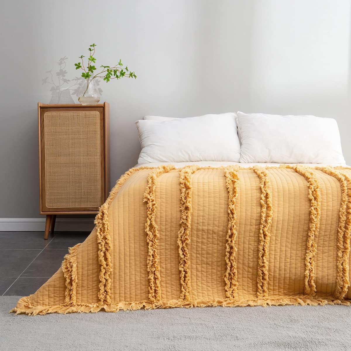 Manta acolchada ultrasuave con flecos de volantes prelavados, decoración bohemia en amarillo lavado a la piedra, manta rústica elegante para sofá,