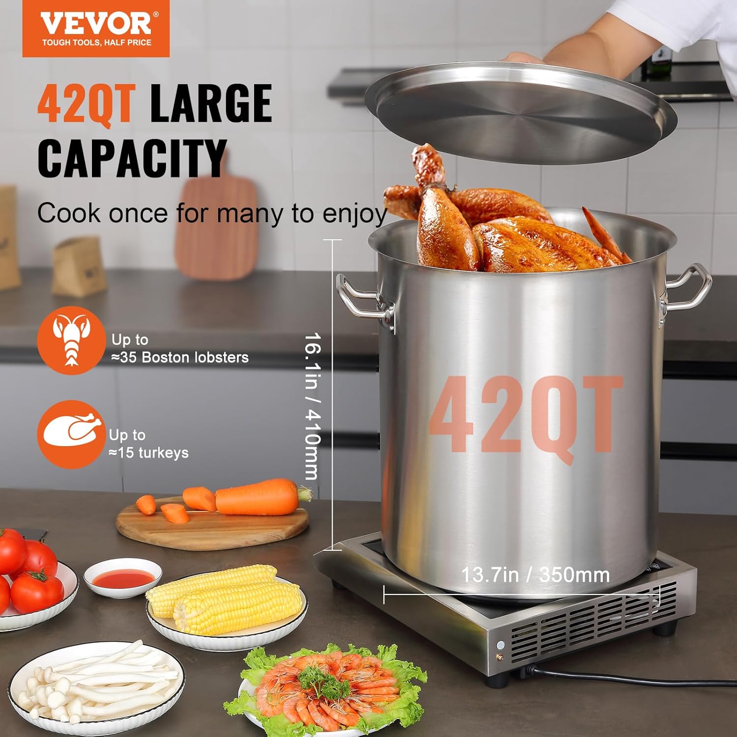 VEVOR Olla de acero inoxidable 188, ollas de cocina grandes de 42 cuartos de galón, olla multiusos con base compuesta, olla de grado comercial