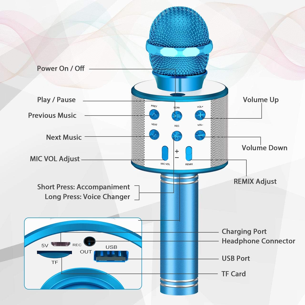 Micrófono de karaoke inalámbrico para niños de 3 a 12 años micrófono para niños de 3, 4, 5, 6, 7, 8, 9, 10-12 años, regalos de cumpleaños, regalos