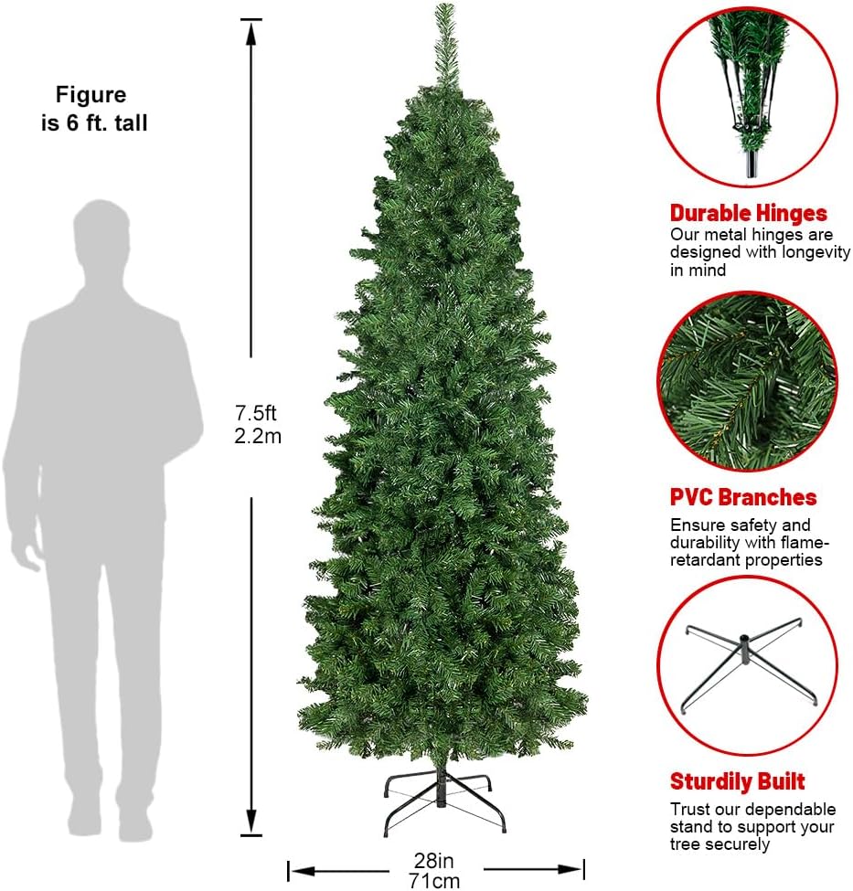 Árbol de Navidad de lápiz de 7.5 pies, árbol de abeto artificial delgado para espacios pequeños, ideal para decoración moderna y ambiente festivo