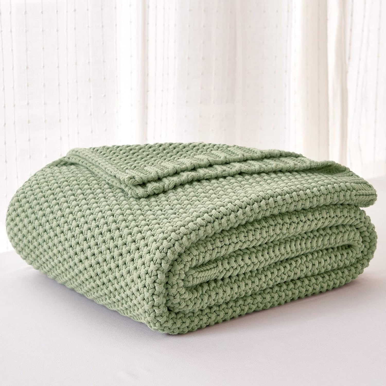 Manta de punto trenzado grueso, ligera, color verde claro, 100% algodón orgánico, para sofá, cama, guardería, rústico, shabby chic, casa de campo