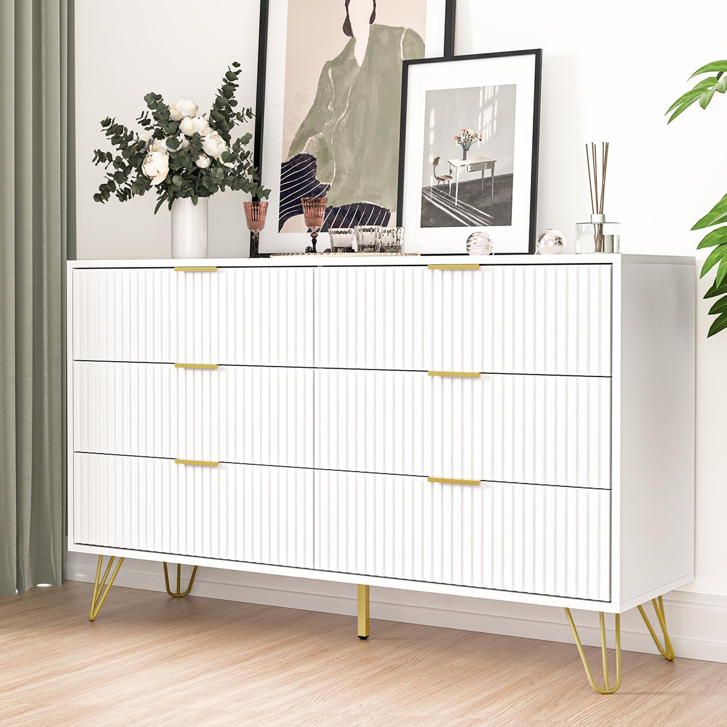 FURNIWAY Cómoda blanca, cómoda moderna de 6 cajones para dormitorio con asas doradas, cómoda ancha para sala de estar