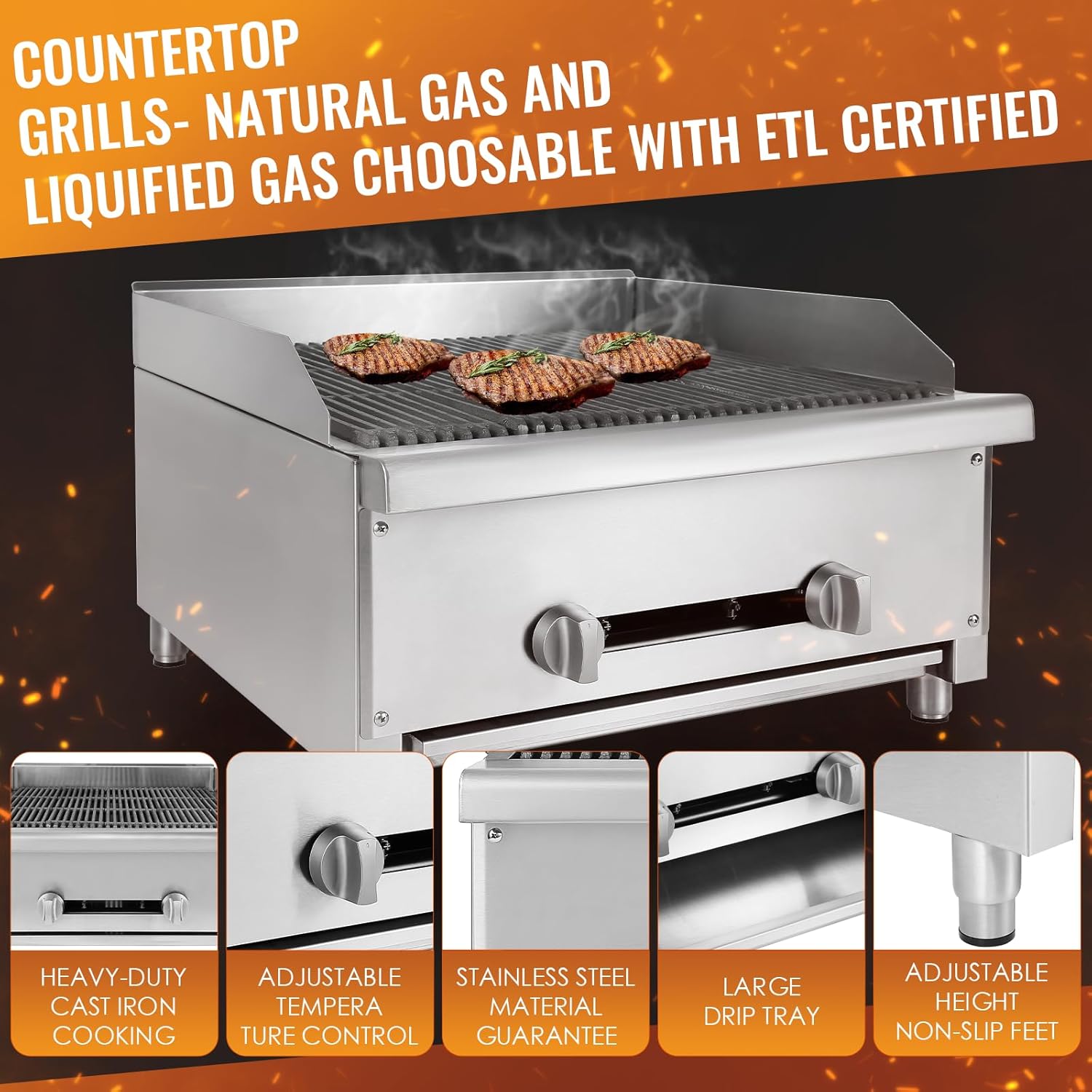 Charbroiler comercial de 24 pulgadas, parrilla de gas naturalpropano resistente con 2 quemadores, 56,000 BTU, equipo de cocina comercial certificado