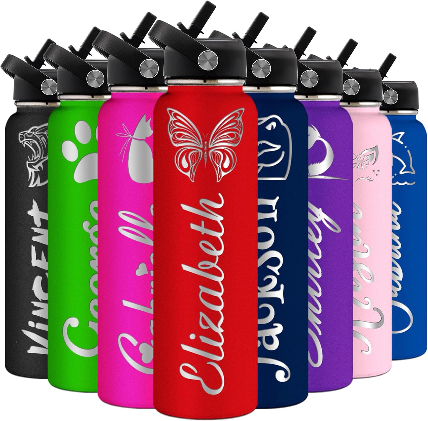 Yananka Botellas de agua personalizadas con tapa con pajilla, botella de agua personalizada aislada de acero inoxidable con nombre grabado, texto,