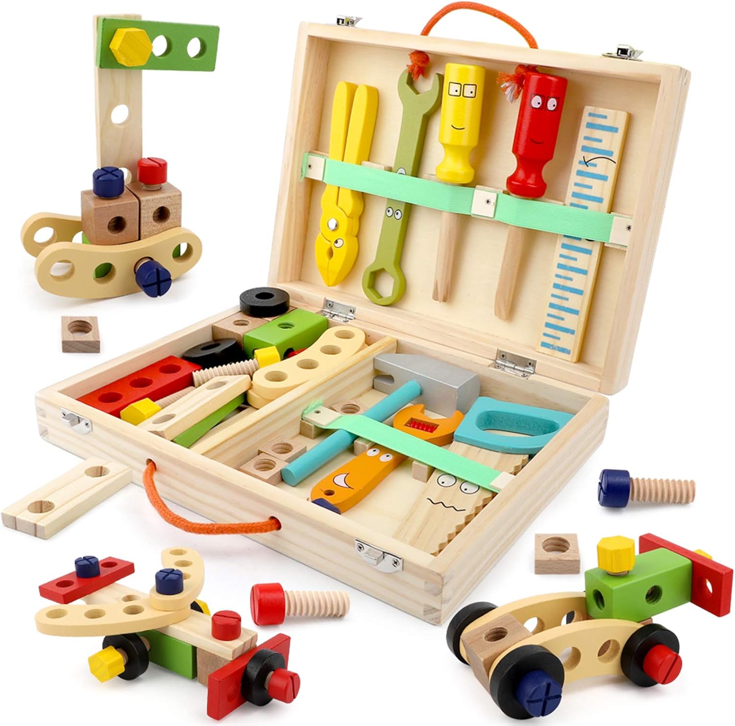 Aomola Kit de herramientas para niños, juego de herramientas de madera con herramientas coloridas, juguetes de simulación, regalos para niños