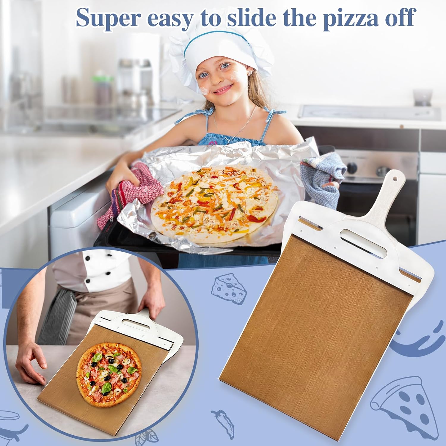 Pala deslizante de pizza para masa de pizza de transferencia súper fácil, pala de pizza sin pegar con asa, pala mágica para pizza, peladura
