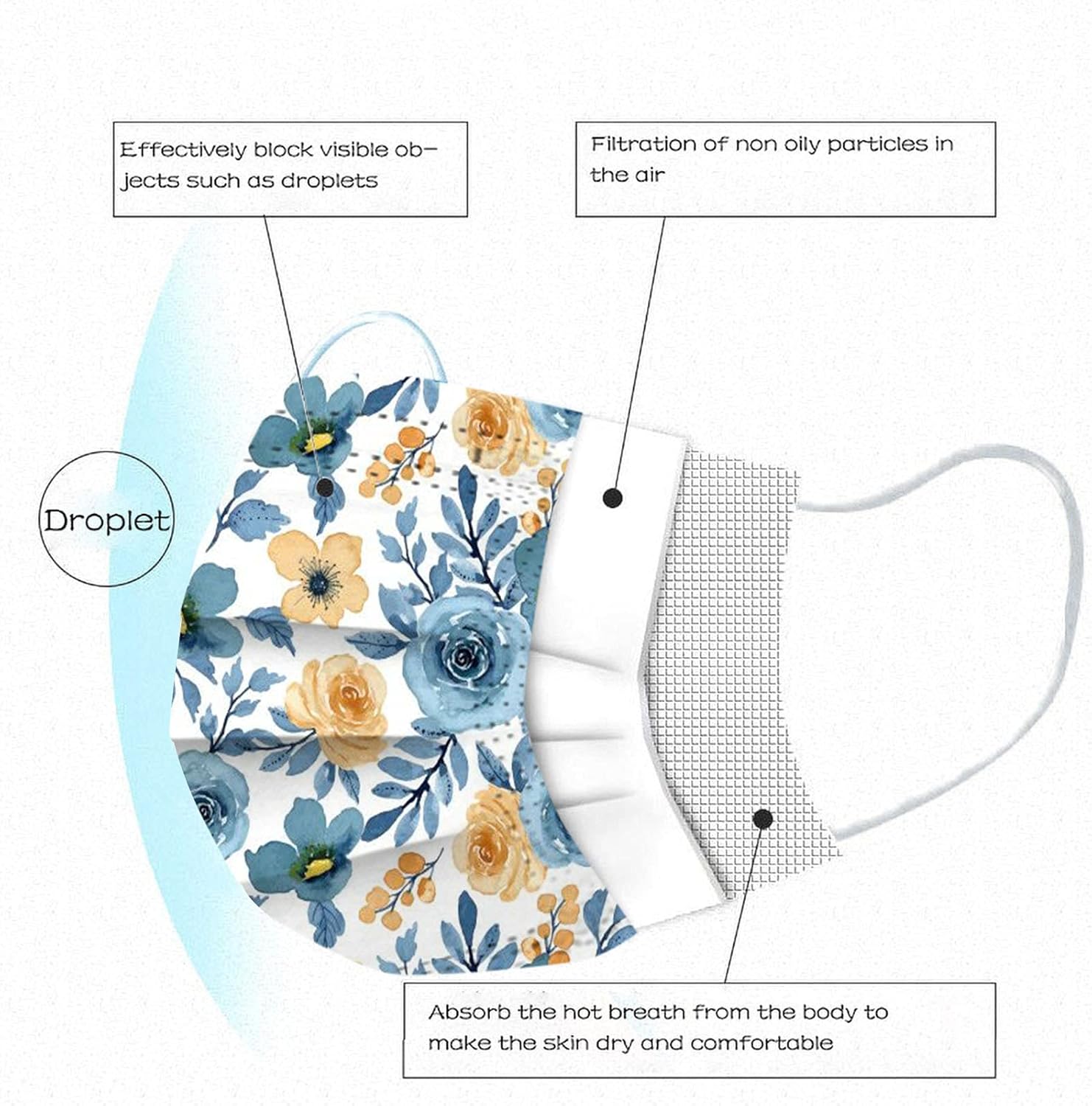 50 cubrebocas desechables con estampado floral de primavera con diseño para mujer, patrón de flores de 3 capas de protección con alambre para la
