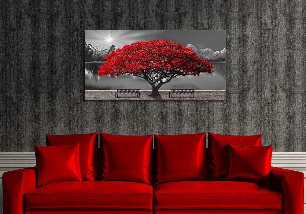 Black and White Red Tree Wall Art Canvas Print Picture Large Red Tree Landscape Modern Artwork for Living Room Bedroom Office Home Wall Decor With