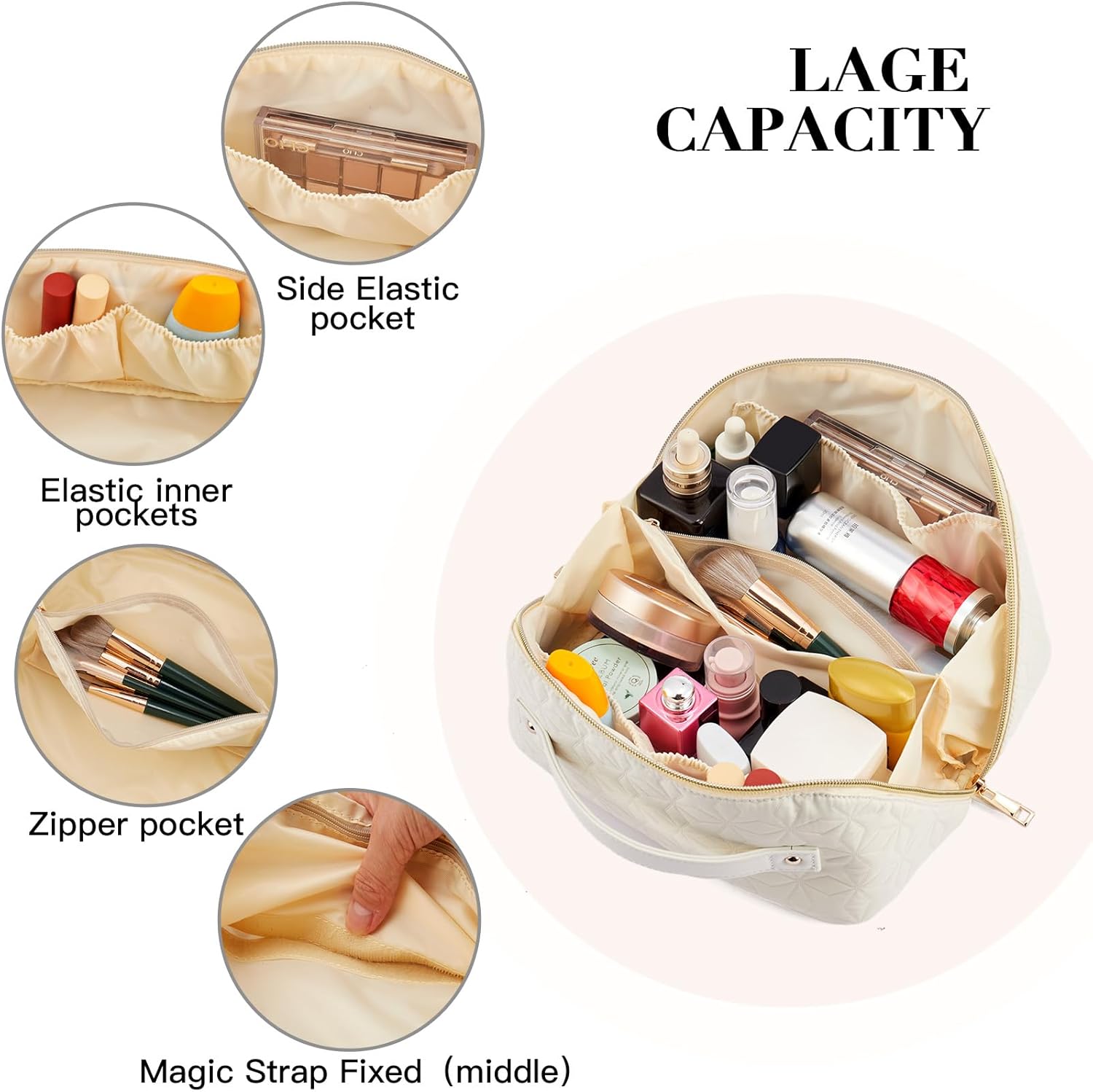 Telena Bolsa de maquillaje de gran capacidad, bolsa de cosméticos portátil de piel sintética resistente al agua, bolsas organizadoras de maquillaje