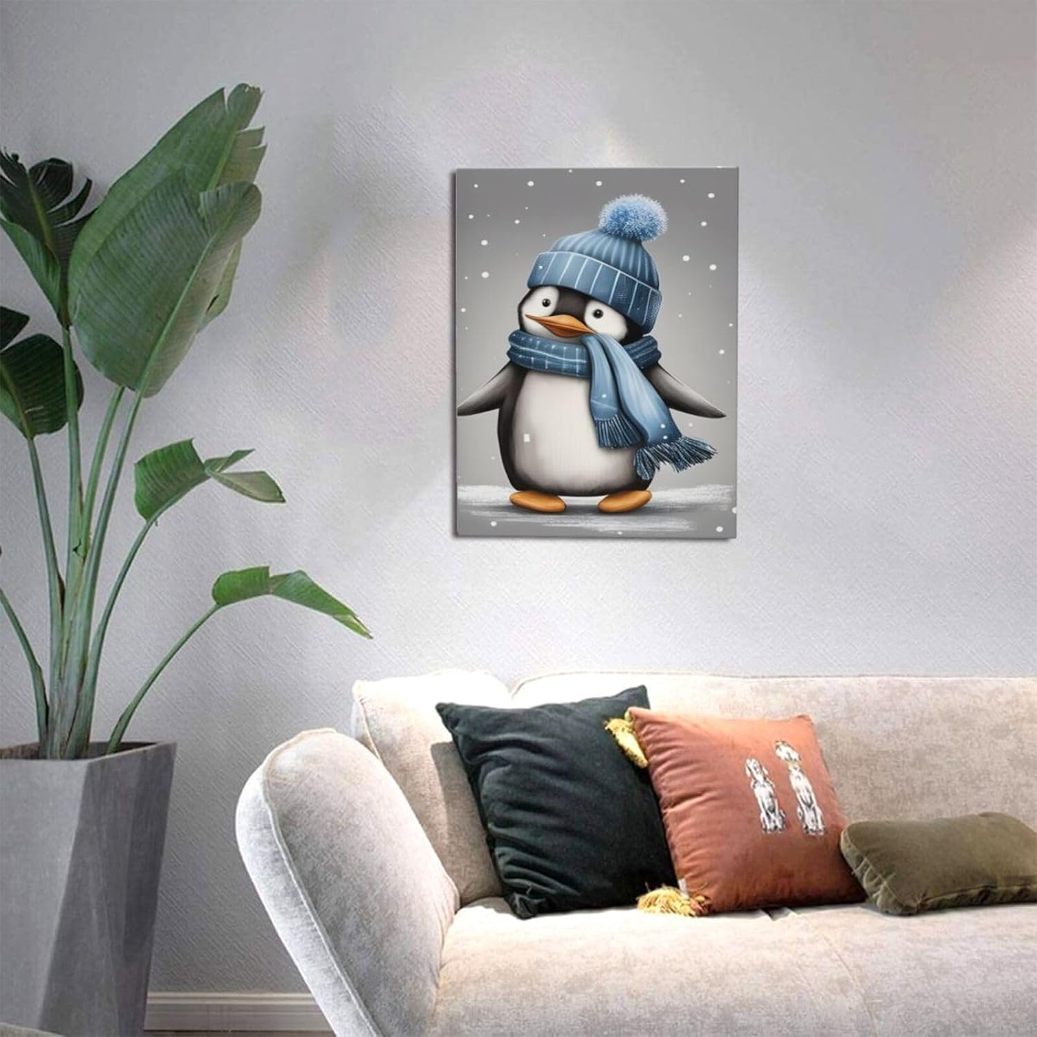 WEASYYDS Lienzo decorativo para pared de pingüino gris de invierno, con sombrero azul, impresión de pingüinos, imagen de animales, decoración para
