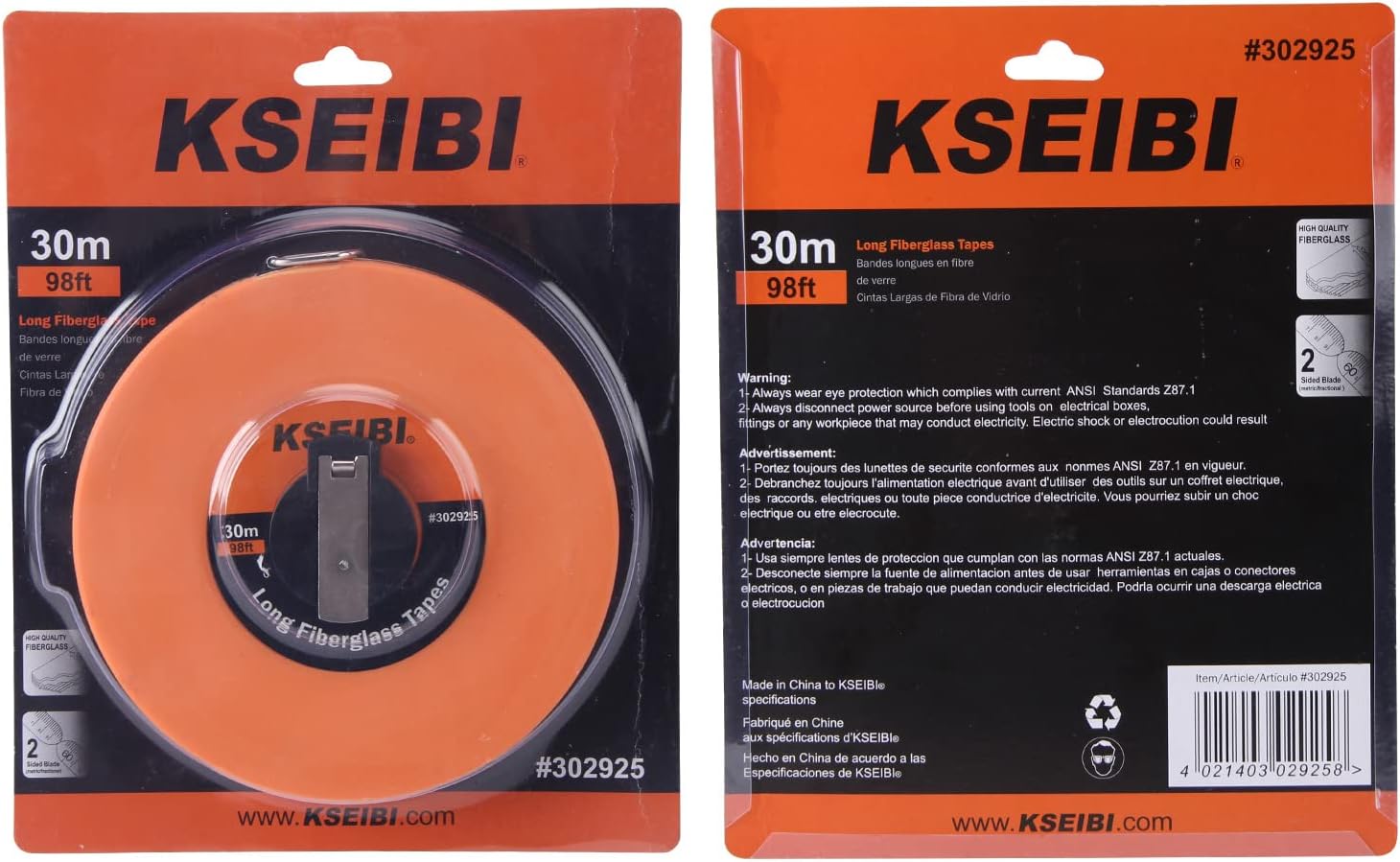 KSEIBI 302910 Cinta métrica de fibra de vidrio larga de impresión de doble cara en pulgadasmétrica para trabajos de construcción (66 pies65.6 ft)
