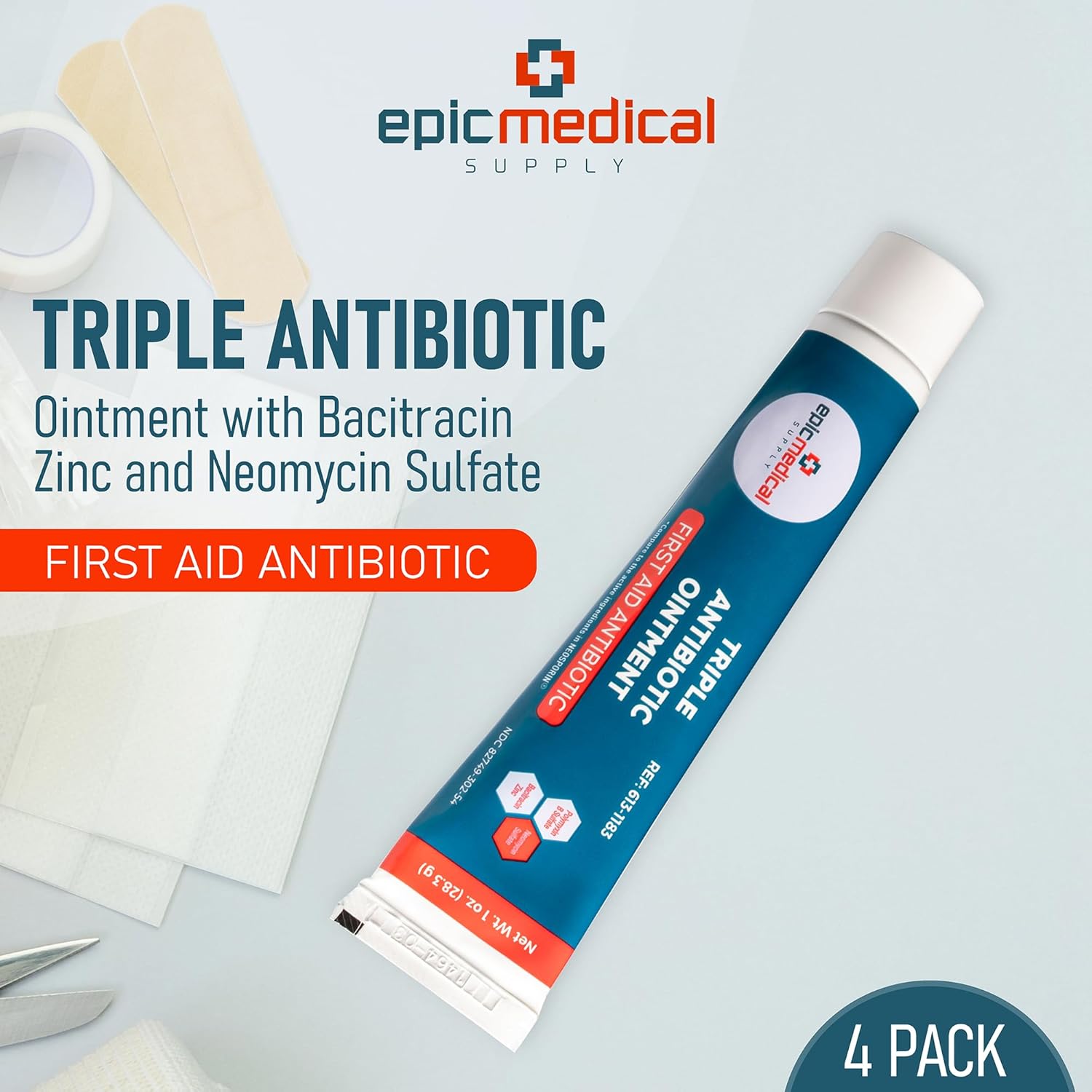 Epic Medical Supply Pomada antibiótica triple de 1 oz, paquete de 4 tubos con bacitracina zinc y sulfato de neomicina, crema curativa preventiva de