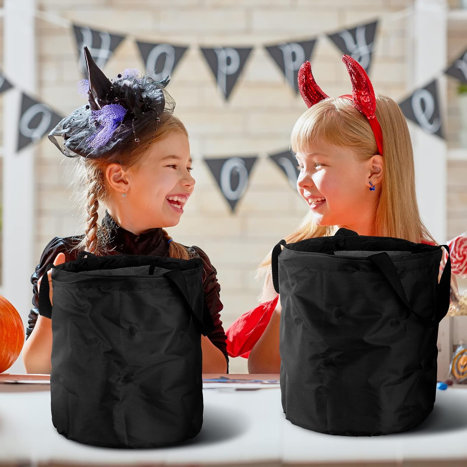 Shappy 2 bolsas de dulces de Halloween con luz LED, bolsas de fiesta de Halloween, multiusos, reutilizables, bolsas para dulces o trucos para niños,