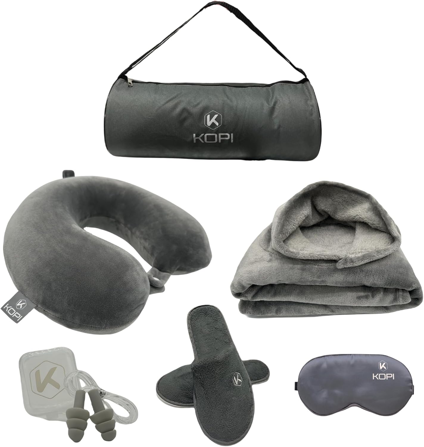 KOPI Manta de viaje con capucha  Almohada de viaje, almohada para el cuello y juego de manta, manta de viaje y almohada, máscara de dormir, bolsa de
