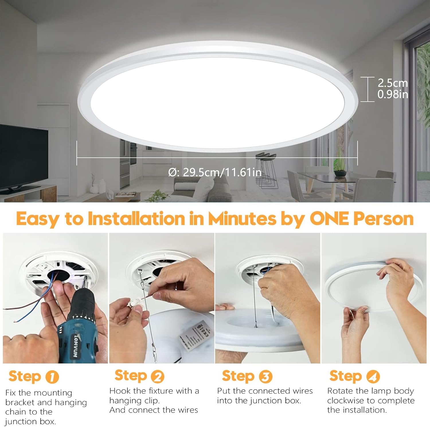 Lámpara de techo LED regulable de montaje empotrado con control remoto, lámpara de techo LED ultrafina de 12 pulgadas y 24 W, 3000 K-6500 K, color
