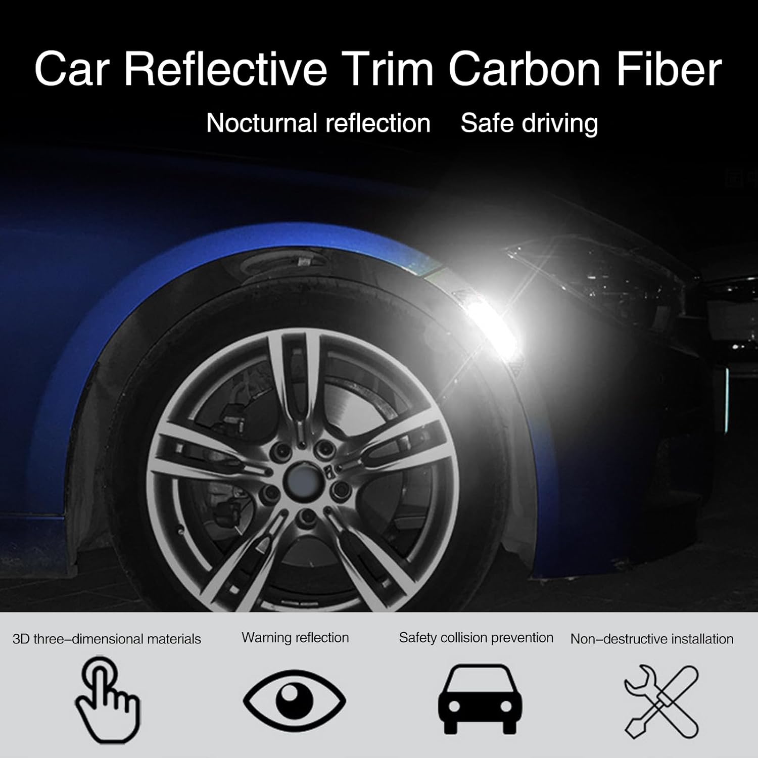 6 calcomanías reflectantes para ruedas de automóvil, fibra de carbono, antiarañazos, decoración nocturna antiarañazos, tiras reflectantes de
