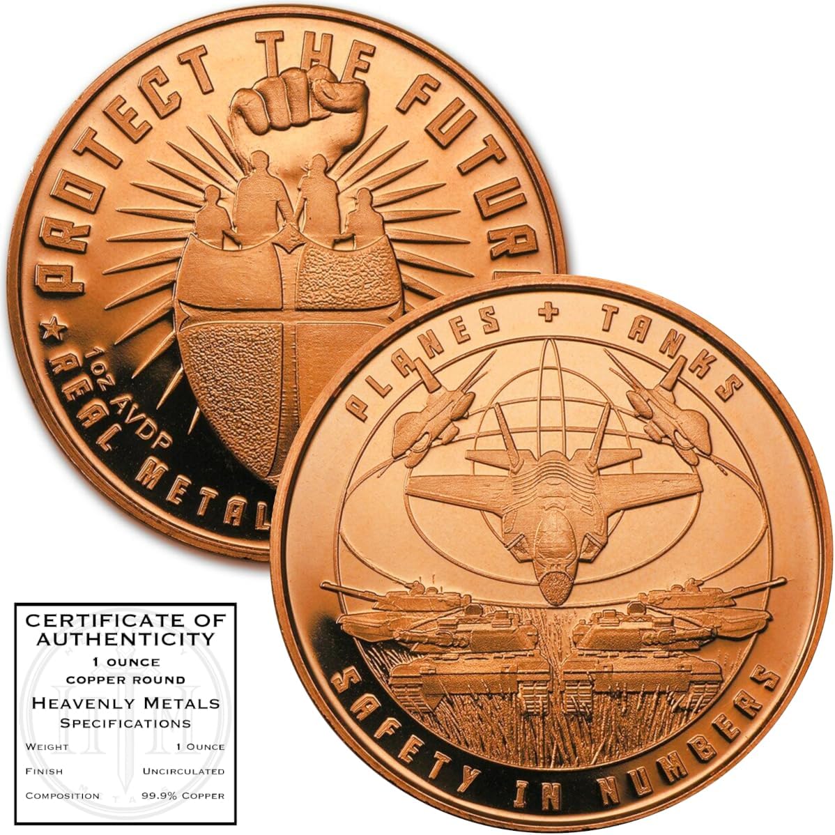 Aviones y tanques de seguridad en números  Protege el futuro metal real, valor real  Moneda de lingote redondo de cobre puro .999 de 1 oz en cápsula