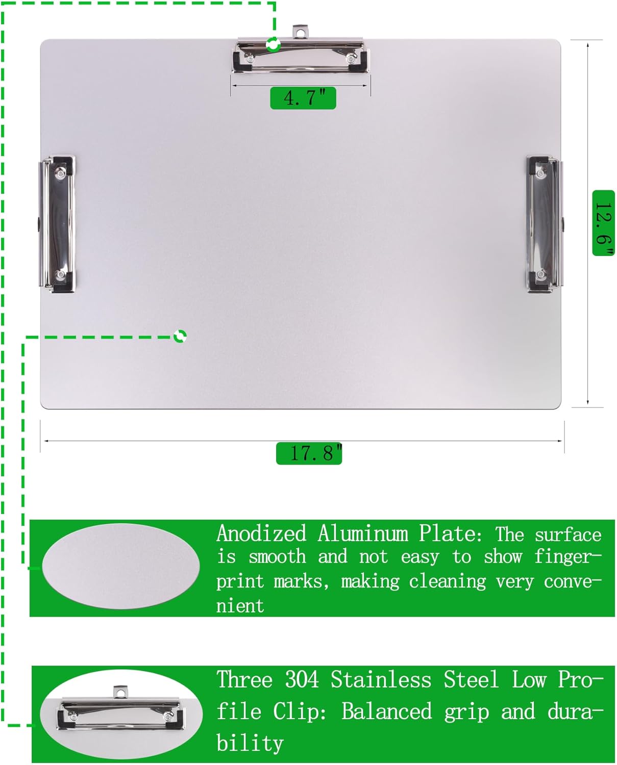 Portapapeles de paisaje de tres clips, tablero de clip de metal con soporte para bolígrafo, portapapeles de aluminio de 11 x 17 pulgadas, tablero de