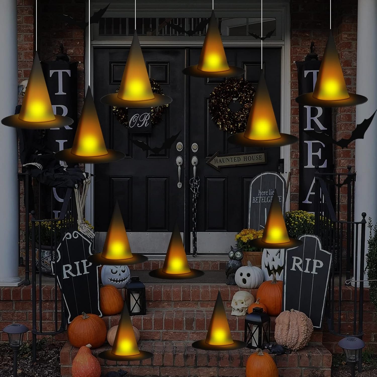taupphoo 24 sombreros de bruja negros de Halloween, sombreros de bruja flotantes iluminados con control remoto, luces de té, murciélagos 3D,