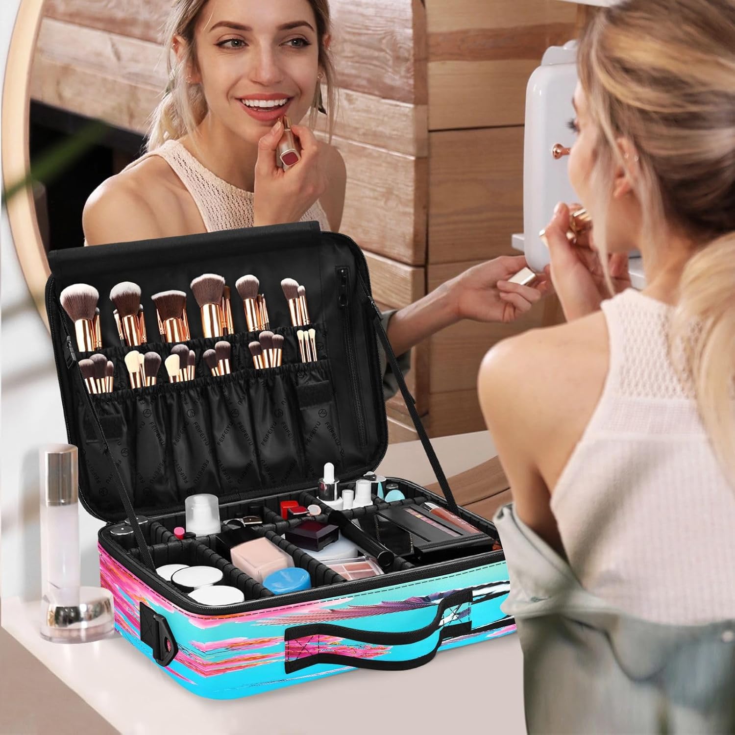 Bolsa de viaje de maquillaje de flores y pájaros rojo azul grande para artículos de aseo personal, bolsa de maquillaje de viaje, bolso para guardar