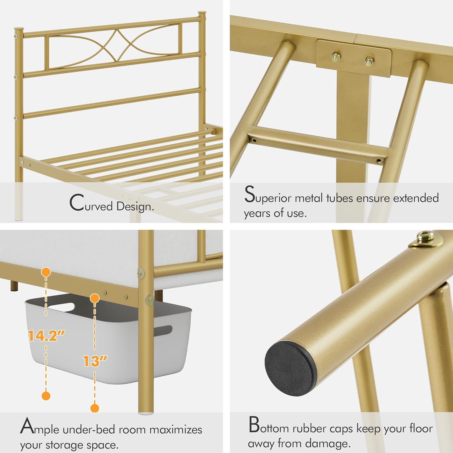 Yaheetech Base de cama de metal individual, base de cama con plataforma, base de colchón con cabecera y estribo de diseño curvo, soporte resistente,