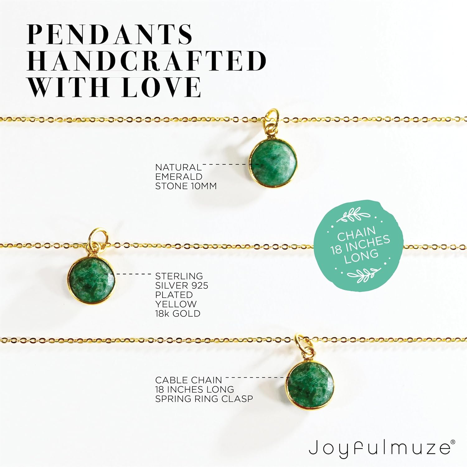 Raw Emerald Gemstone Necklace, Green Natural Round Stone Pendant, 925 Sterling Silver Gold Jewelry, Handmade Gift for Women and Men, May Birthstone