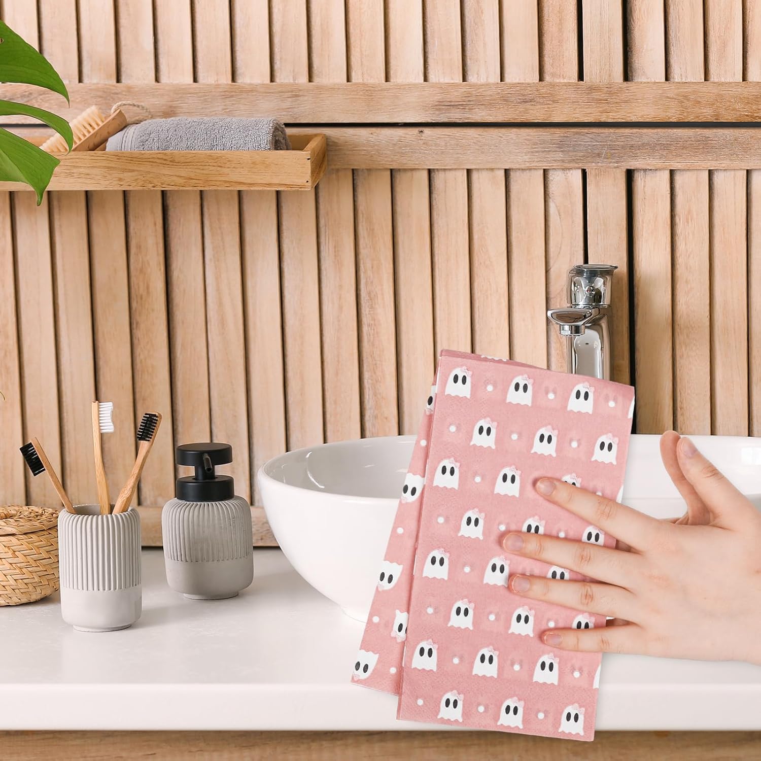 AnyDesign – 100 servilletas de papel para invitados de Halloween, lazo rosa, fantasma, desechable, toalla de mano para suministros de fiesta de