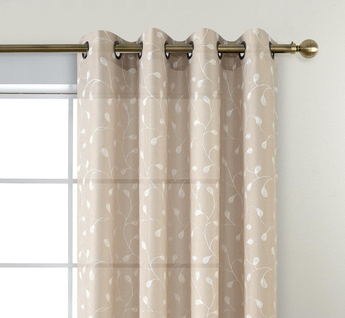 Miuco – Cortinas con ojales de lino sintético, semitransparentes, bordadas con flores, para sala de estar