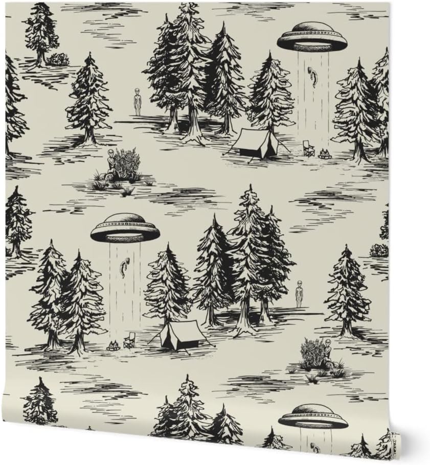 Spoonflower Papel tapiz autoadhesivo de 9 x 2 pies – UFO grande negro Toile De Jouy Alien Abduction Space Camping Papel pintado extraíble