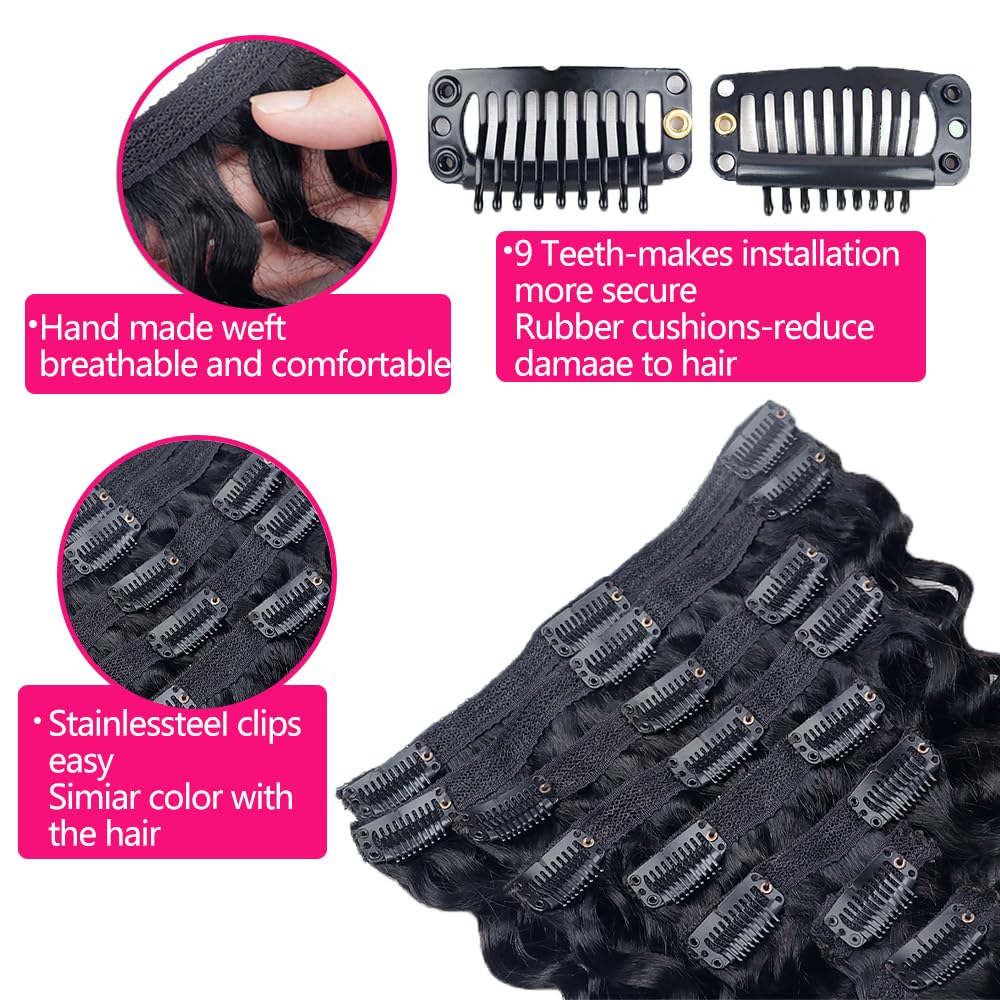 Extensiones de cabello humano ondulado profundo con clip para mujeres negras, 8 piezas, 18 clips, doble trama, extensiones de cabello humano