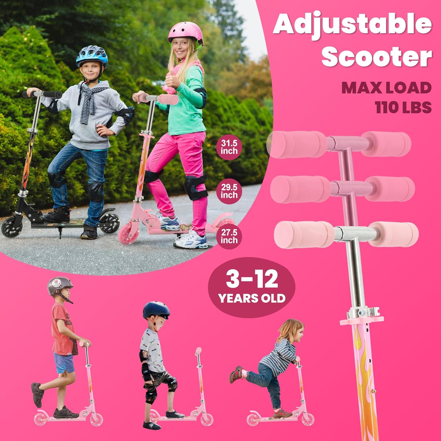 TENBOOM Patinete para niños de 3 a 12 años  Patinete para niños con ruedas de luz LED y manillar ajustable de 3 niveles, ligero y plegable de 2