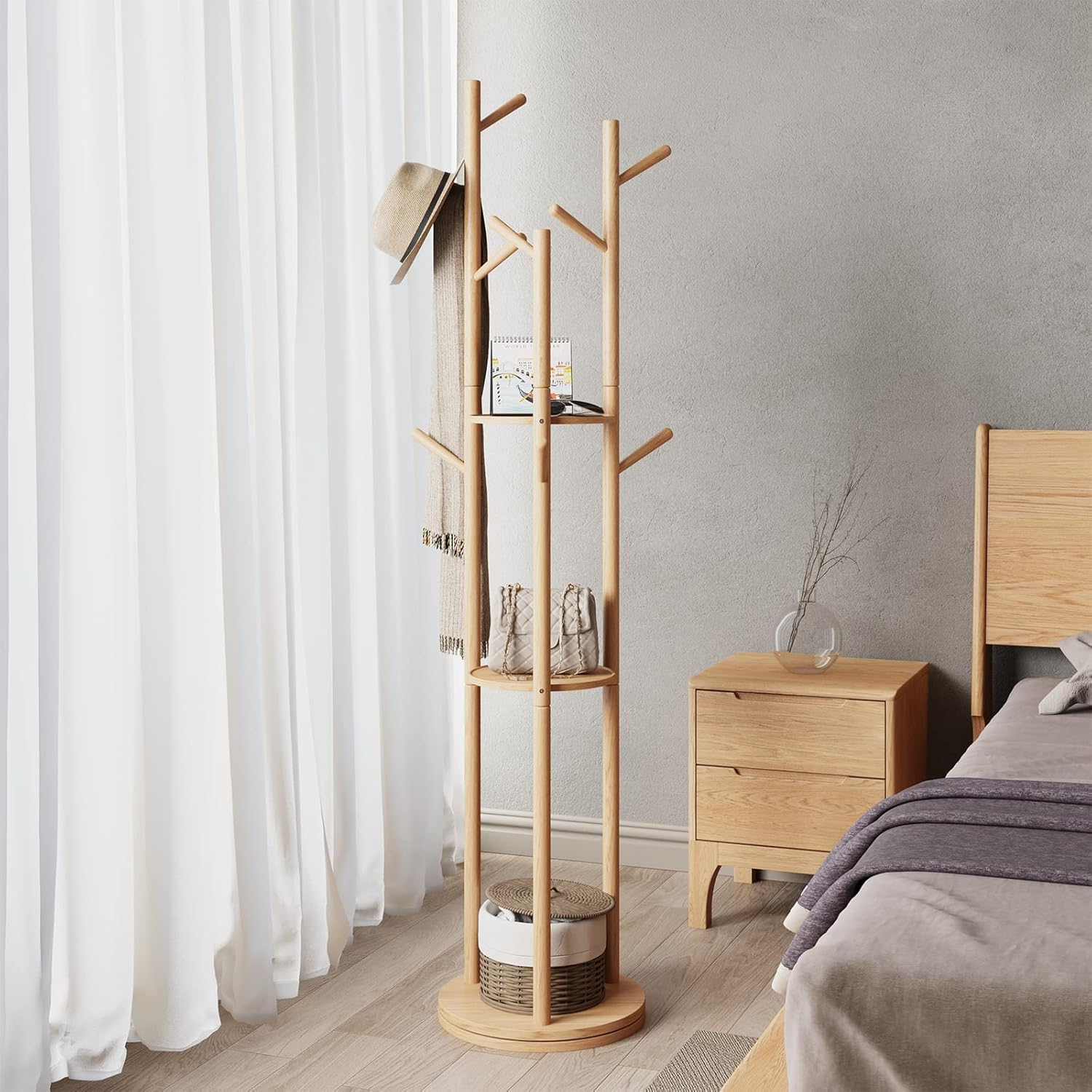 KungFuWood Perchero rotativo, perchero de madera independiente con 3 estantes y 9 ganchos, perchero resistente y fácil de montar para entrada,
