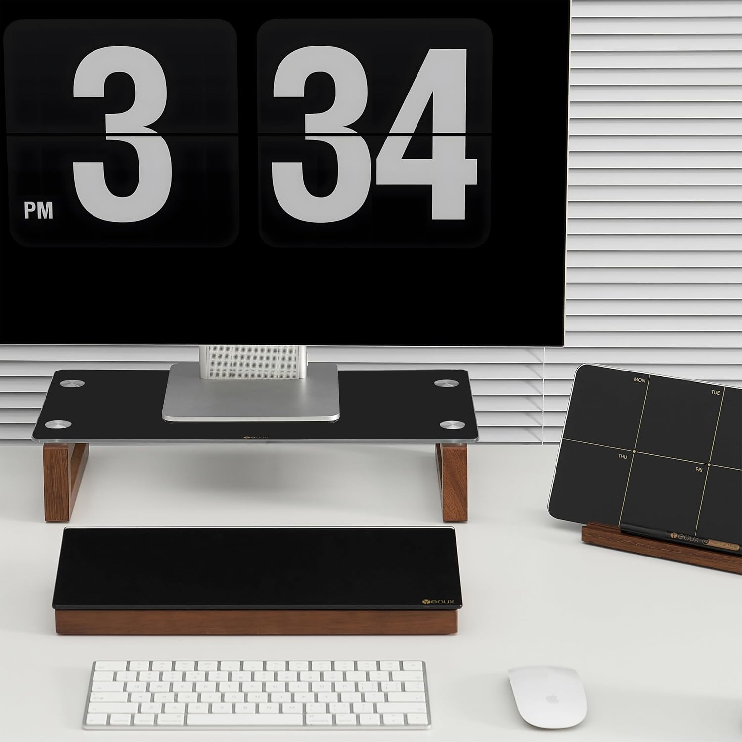 YEOUX Soporte elevador de cristal negro para monitor de computadora con base de madera para pantalla plana LCD, TV LED, portátil, impresora, soporte
