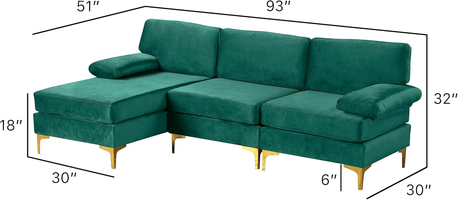 Sofá modular moderno en forma de L, con diván extra ancho y patas doradas