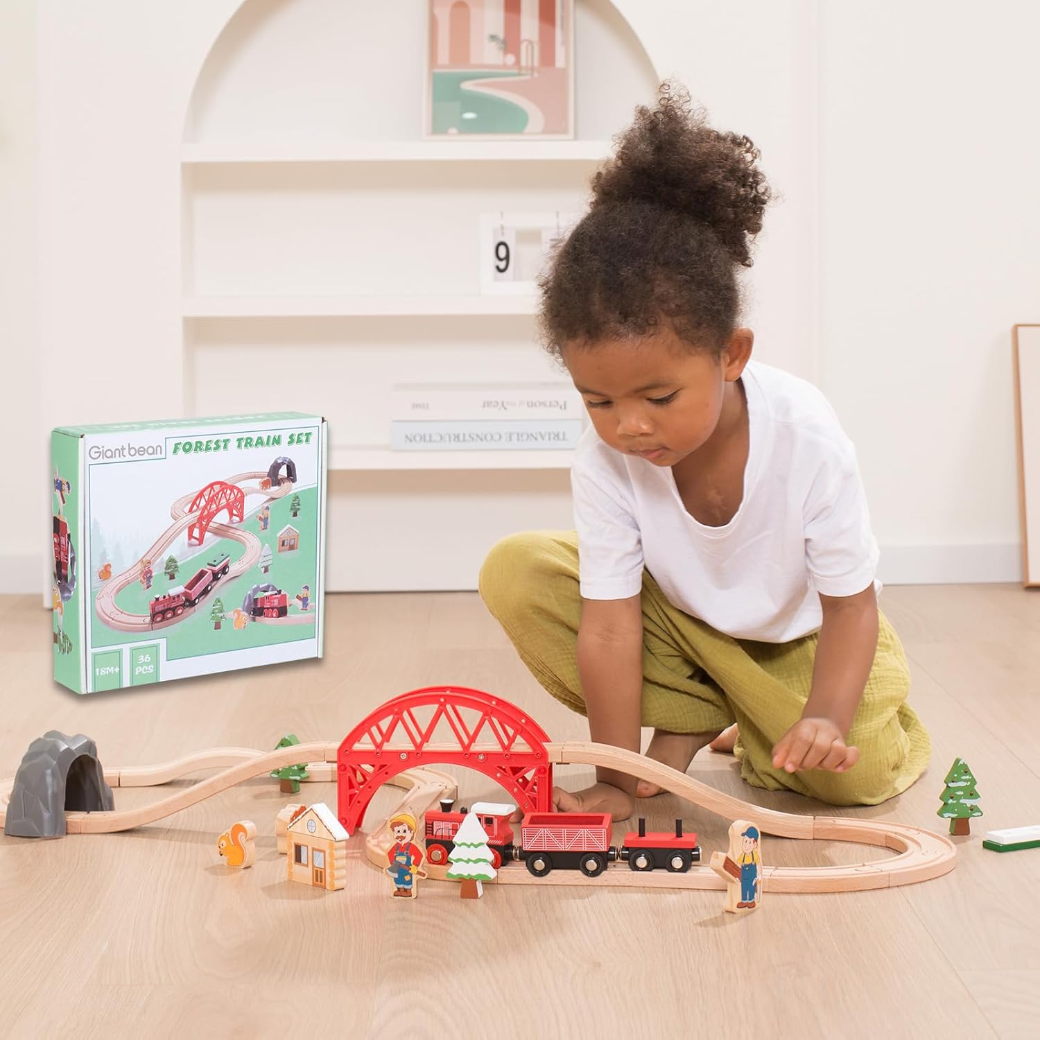 Giant bean Juego de tren de madera con temática forestal para niños pequeños, 36 piezas de juguete de madera expandible e intercambiable, para niños