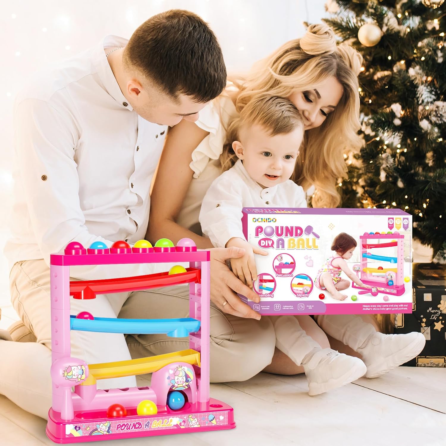 Montessori Pound-A-Ball – Juguete para niños de 1 a 3 años, incluye 2 martillos y 12 pelotas – Regalo educativo de aprendizaje temprano para niñas