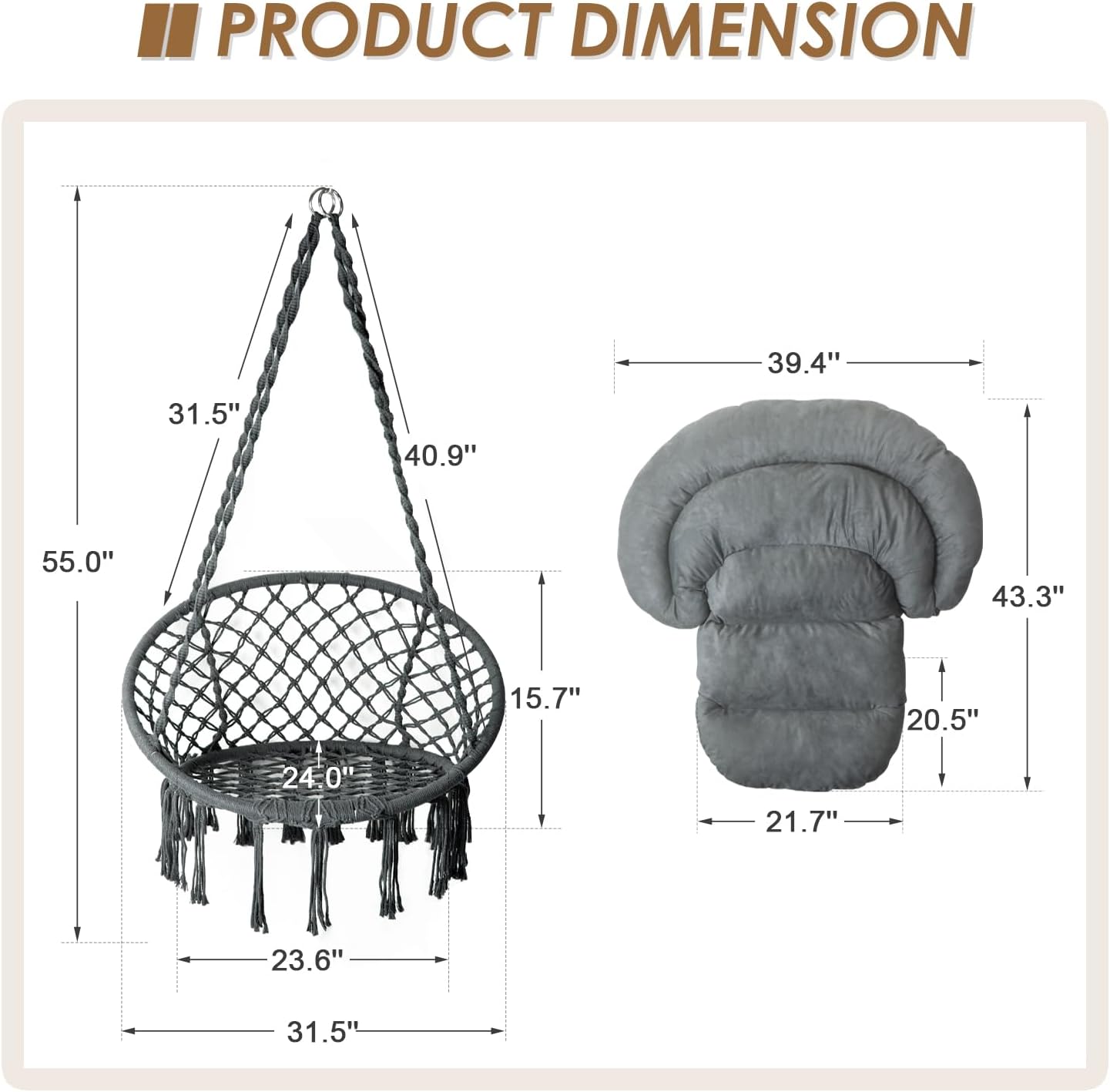 Silla hamaca con cojín, silla columpio de macramé hecha a mano con kits de accesorios para colgar, estilo bohemio, silla colgante de cuerda de