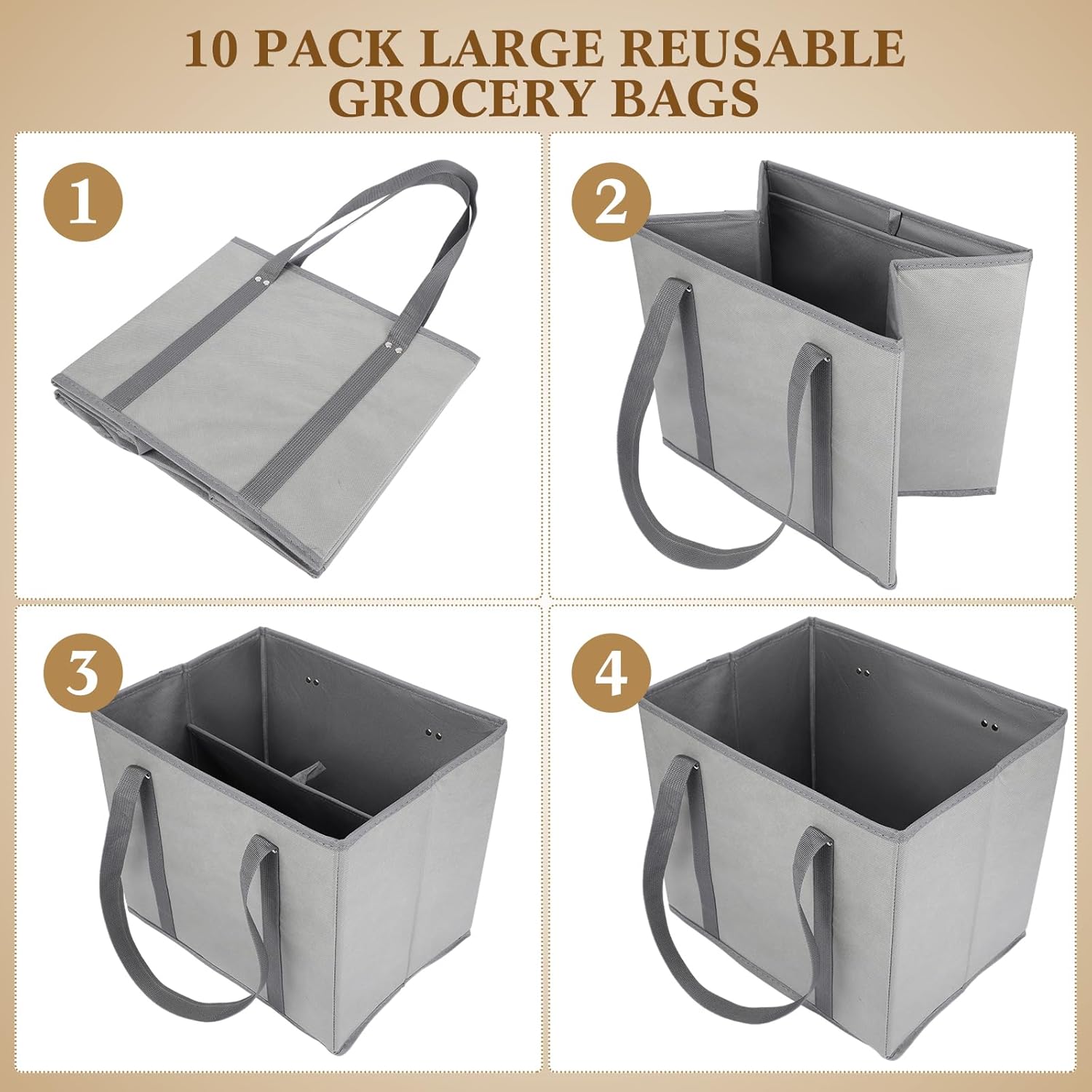 Zhehao Paquete de 10 bolsas de comestibles reutilizables grandes, bolsas de carrito de compras, plegables y resistentes, bolsa de compras