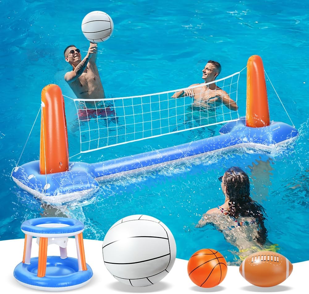 BELLOCHIDDO Juguetes de piscina  Juegos de baloncesto y voleibol para piscina, incluye red inflable de voleibol, aro de baloncesto flotante y fútbol