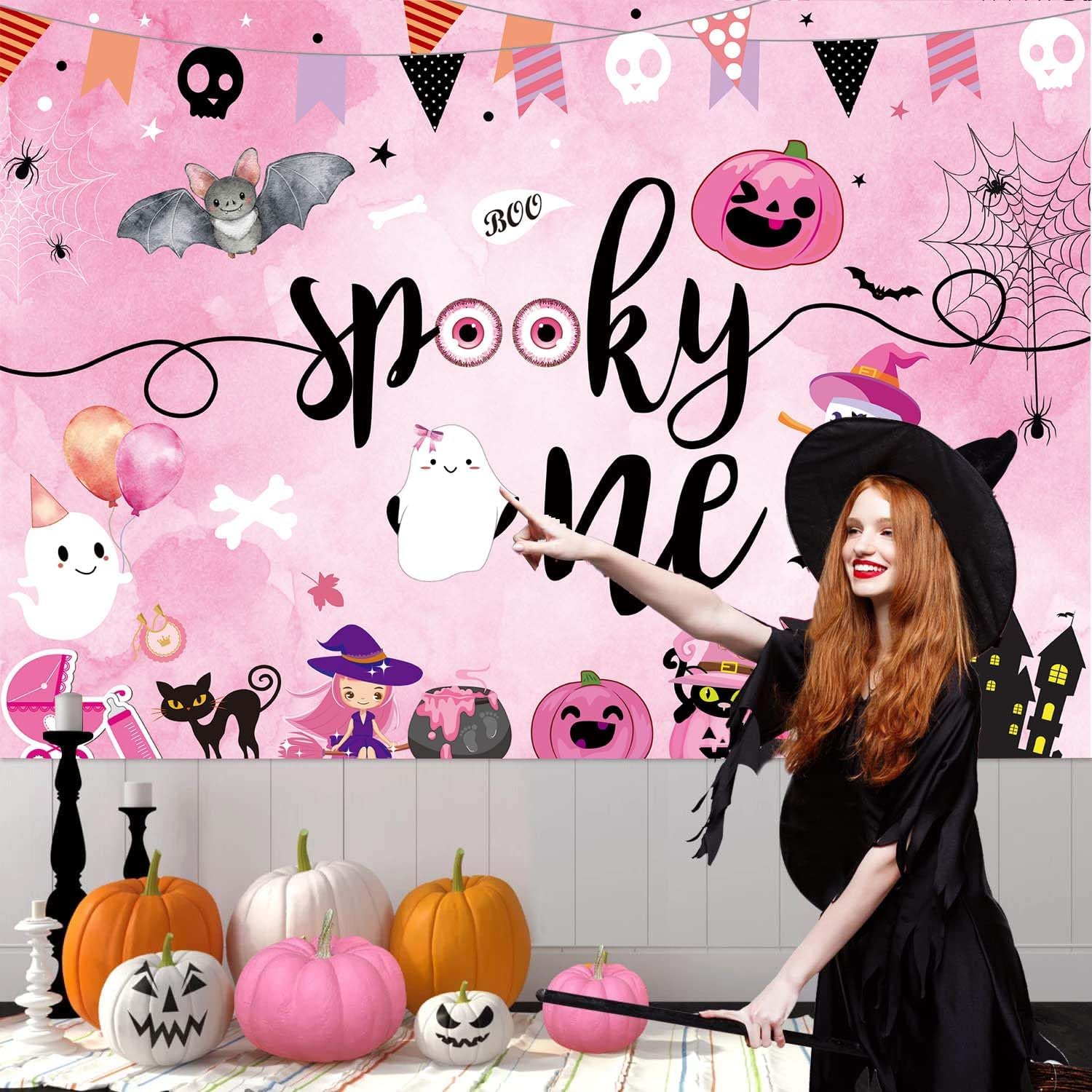 Telón de fondo espeluznante de Halloween para fiesta de primer cumpleaños, rosa, Halloween, calabaza, murciélago, fantasma, cráneo, acuarela, fondo