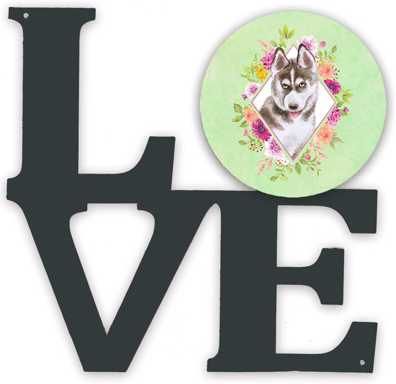 Caroline’s Treasures CK4312WALV Husky siberiano #2 – Arte de pared de metal con flores verdes AMOR decoración de arte para interiores y exteriores,