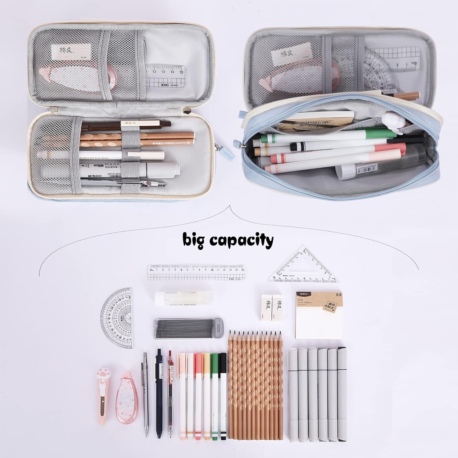 Estuche organizador pequeño con cremallera, estuche estético para lápices de luz, bolsa de lápices azul para hombres y mujeres