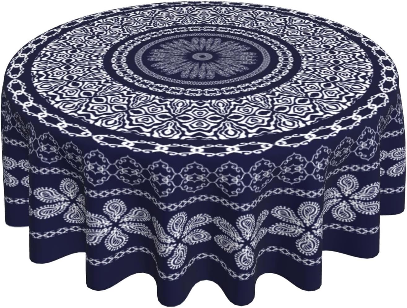 Mantel redondo bohemio con diseño geométrico de flores azules de 60 pulgadas, impermeable, resistente a las manchas, mantel decorativo para pícnic,