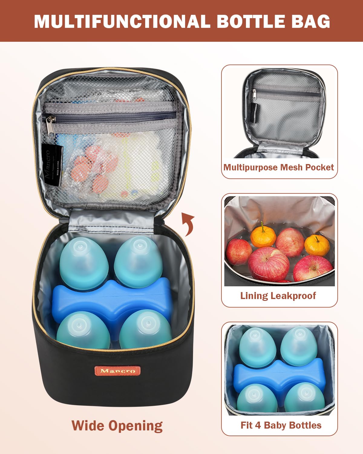 Mancro – Bolsa enfriadora de leche materna con bolsa de hielo para 4 biberones de hasta 5 onzas, bolsa aislada para biberones para madres lactantes,