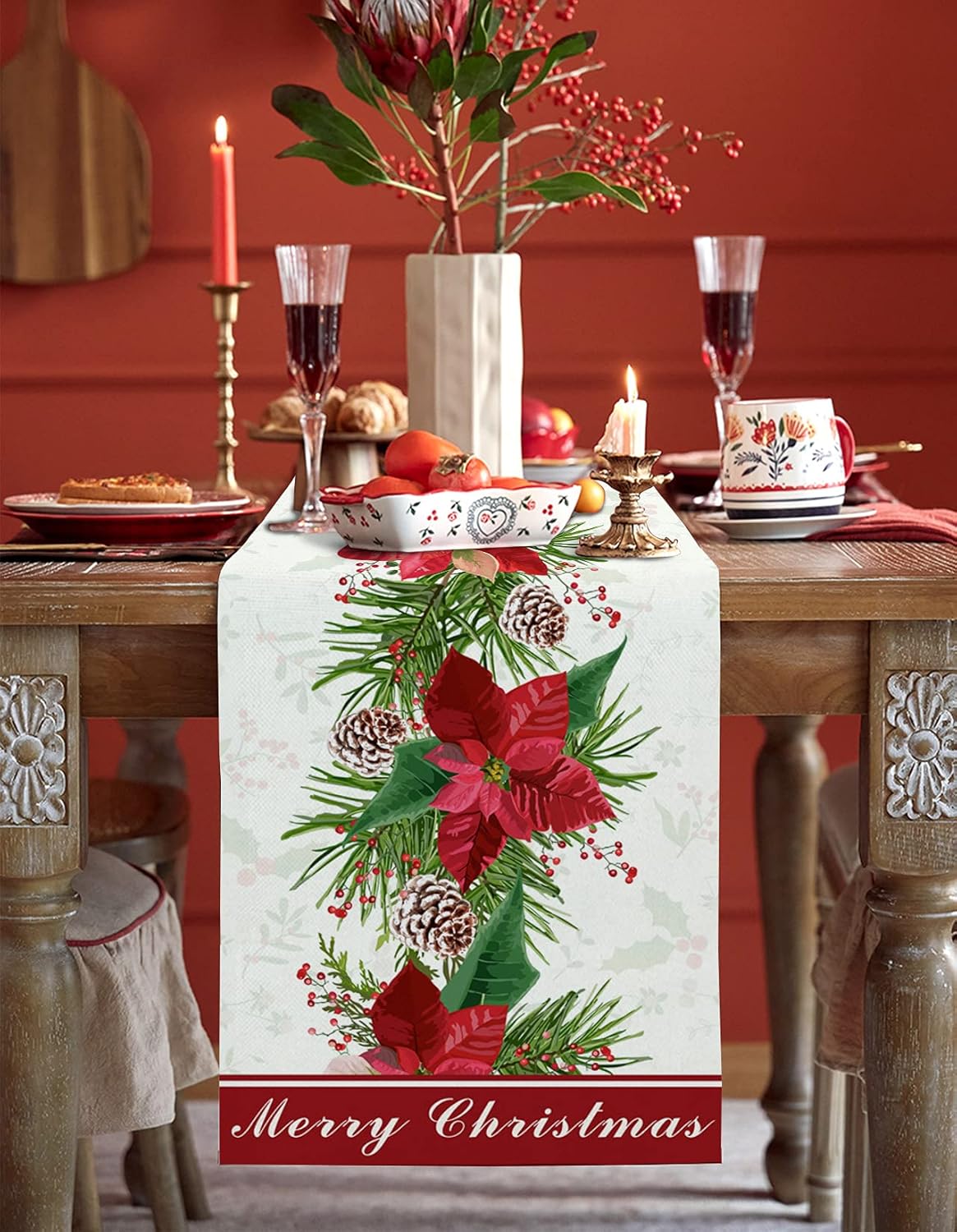 Camino de mesa floral de Pascua de Navidad de 90 pulgadas de largo, camino de mesa de café de comedor, bufandas, lavable, antideslizante, decoración