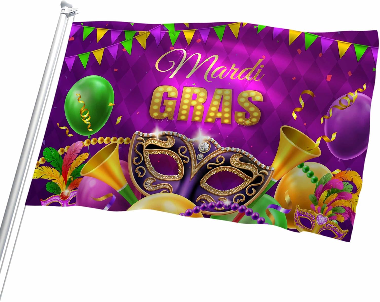 FLCHWY Bandera de Mardi Gras con la frase “Happy Carnival”, bandera de celebración de carnaval de New Orleans Mardigras, fiesta de vacaciones,